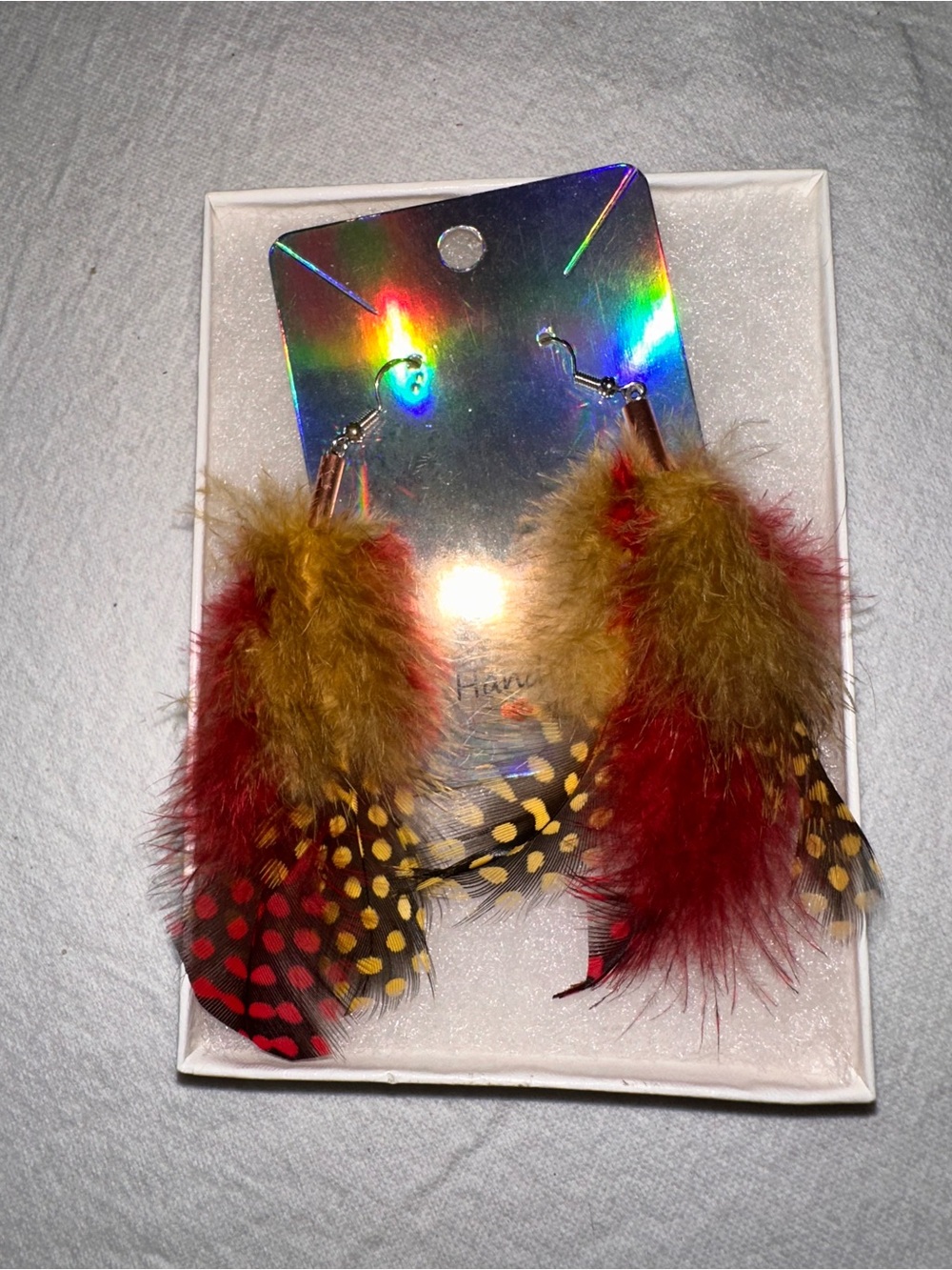 ⭐️ New Handmade Feather Dangle Earrings - Red & Mustard